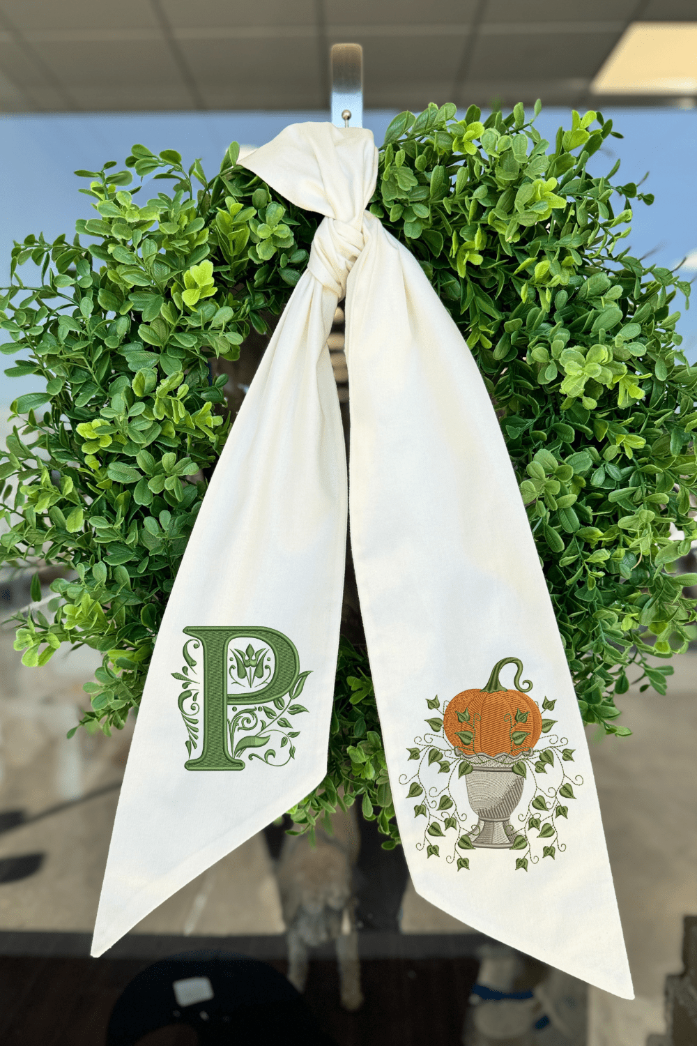 Fall Embroidered Wreath Sash | Pumpkin Topiary - So &amp; Sew Boutique