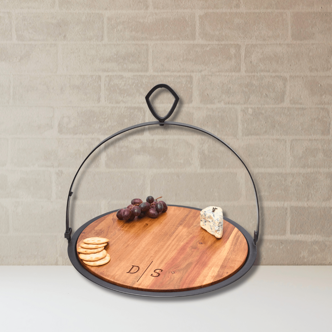 16.5” Acacia Heirloom Round Board w/ Metal Hanging Tray - So &amp; Sew Boutique