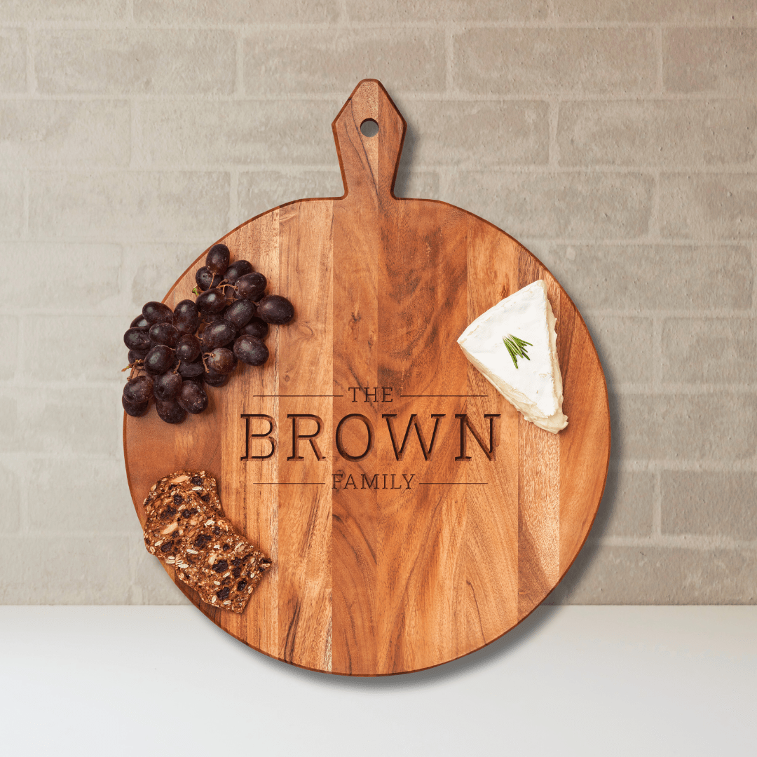 20 x 16 x .6&quot; Acacia Heirloom Board with Handle Round - So &amp; Sew Boutique