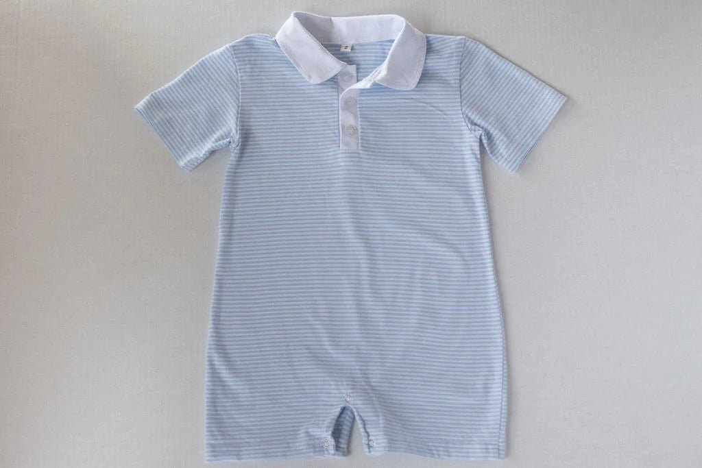Blue &amp; White Stripe Short Sleeve Polo Romper - So &amp; Sew Boutique