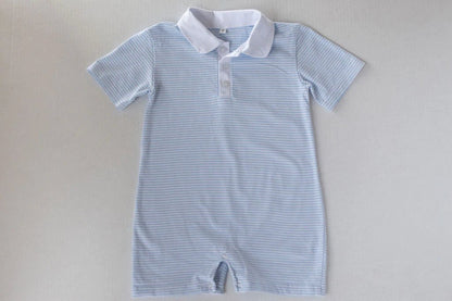 Blue &amp; White Stripe Short Sleeve Polo Romper - So &amp; Sew Boutique
