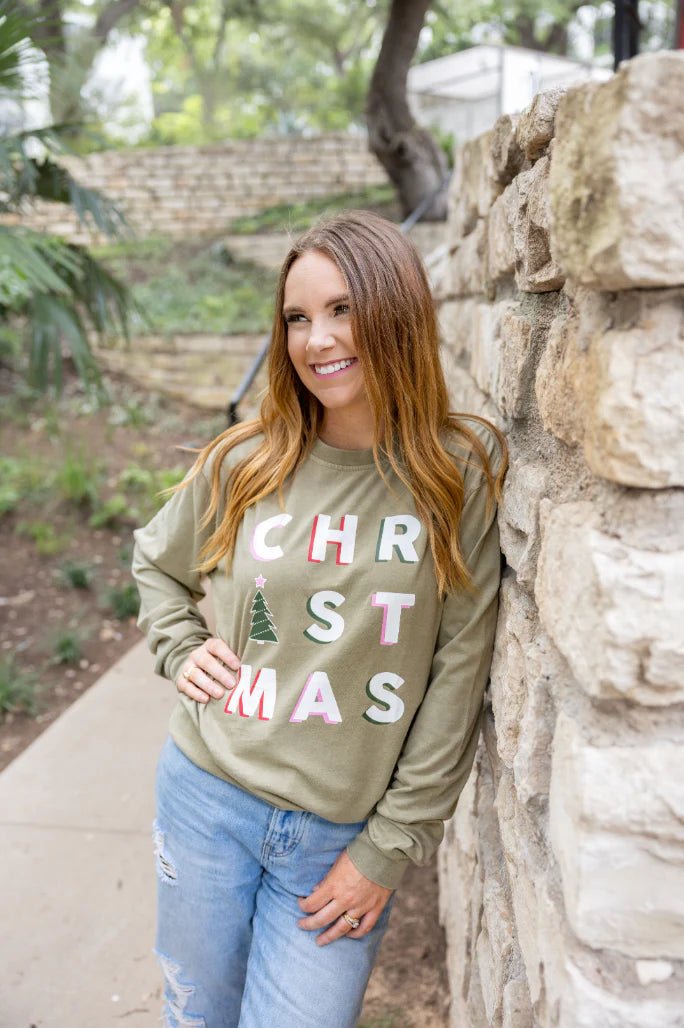 Christmas Tree Olive LS Tee - So &amp; Sew Boutique