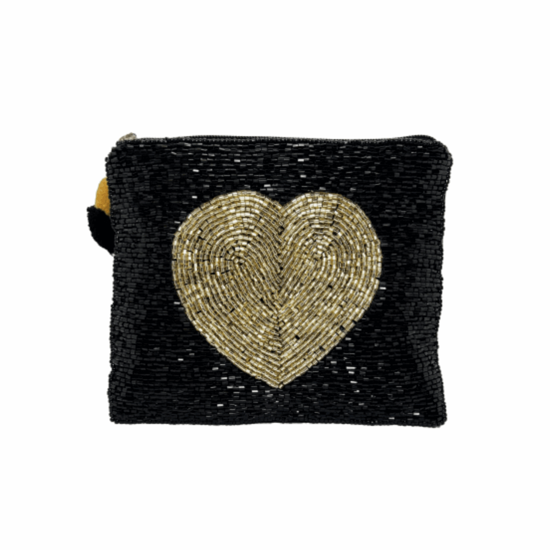 Gold Heart Black Beaded Coin Pouch - So & Sew Boutique