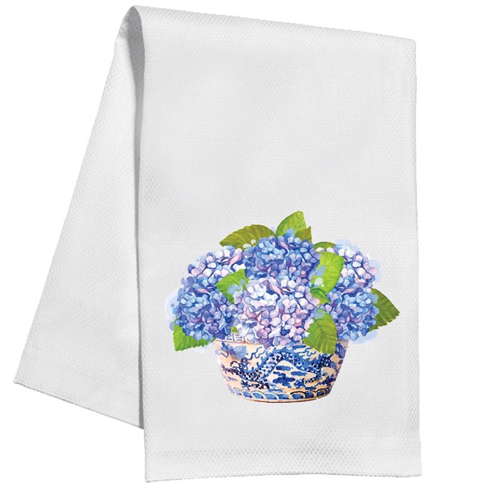 Kitchen Towel | Handpainted Blue Hydrangeas in Basket - So & Sew Boutique